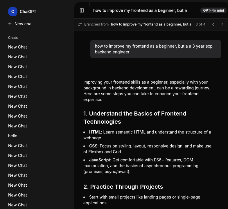 A branched conversation with the branch switcher and the sidebar tree