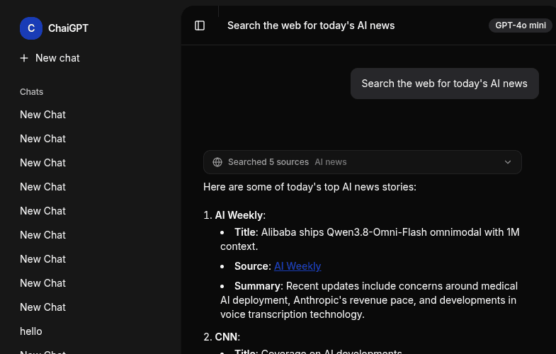 ChaiGPT answering a question with live web search results