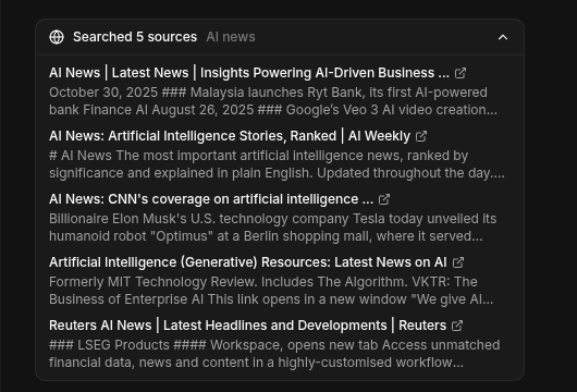 An expanded web search step showing five sources with titles and snippets