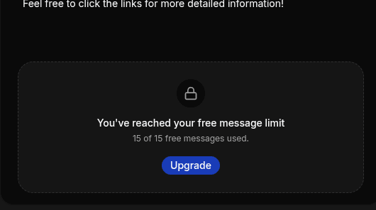 Chat paused at the free message limit with an upgrade panel